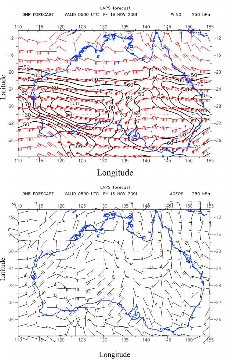 Figure 11. Analysis at 250 hpa on 0500 UTC 16 November 2001. The wind barbs show the direction and speed of the wind.