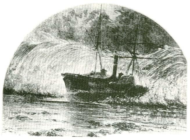 The waves were so large that they carried heavy iron clad ships such as those shown-and their moorings-several miles inland.