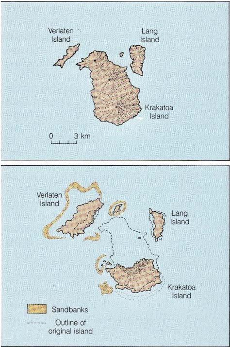 The only remaining portion of the original island was a section of the Rakata cone (bottom).