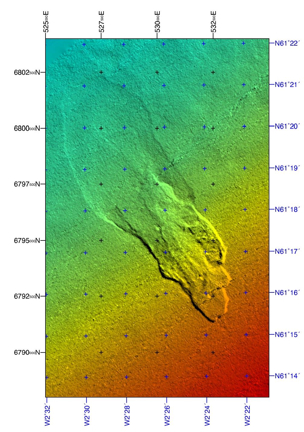 208 Bulat example of the seismic data along the axis of the slide. A 3D horizon of the seabed was generated using a Landmark Graphics workstation and then imaged using ER Mapper.