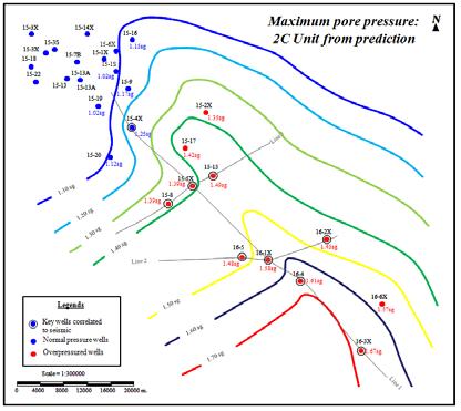 Maps of overpressure were constructed based on estimated pore pressure from only sonic logs because both results of pore pressure (resistivity and sonic) were almost the same There are two maps for