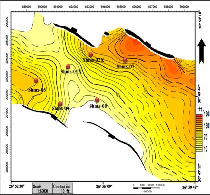 maximum value 11.0% in well. The minimum value 6.6% in well (Fig.19). The water saturation distributions map of the Upper Safa reservoir in the study area (Fig.