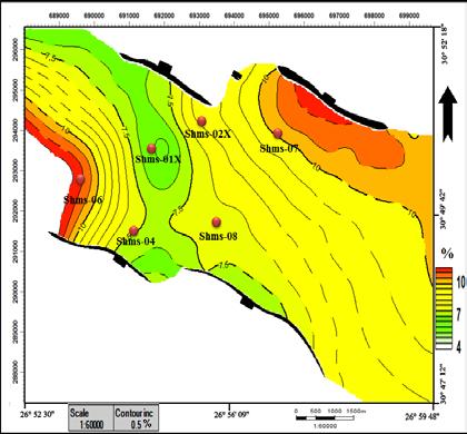 It decreases in the northeastern part of the study area with a minimum value 10.6% in well. The shale volume distribution map of the Upper Safa reservoir (Fig.