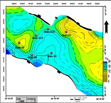 It decreases in the west and east directions of the study area, where it reaches the minimum value 1.9% in well. The hydrocarbon saturation map (Fig.