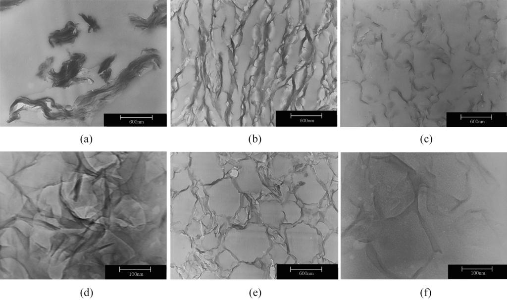 H. M. Jeong and Y. T. Ahn Figure 1. XRD patterns of (a) Na-MMT, (b) MAI/Na-MMT nanocomposite, (c) C03E0, (d) C03E06, (e) C03E06W (polymerized powder), (f) C10E20W, and (g) C03E06W (after pressing).