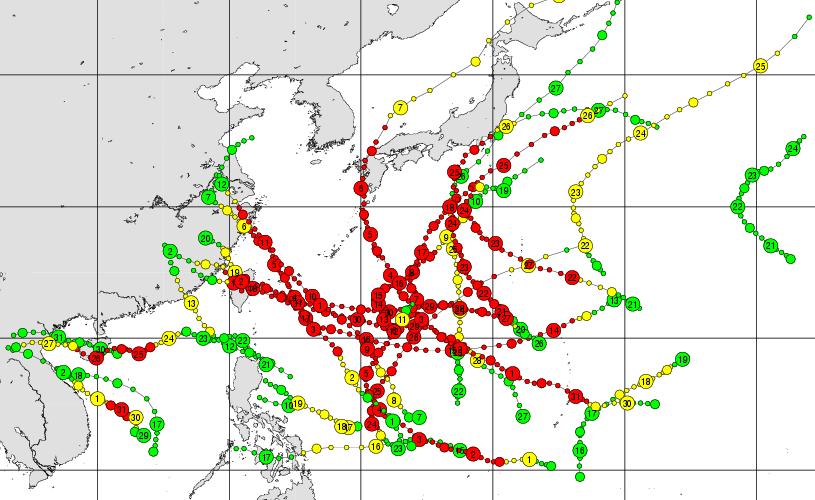 2005 Western North Pacific Typhoon Tracks Figure 1.2 Best tracks for the 2005 North Pacific typhoons [Available online at http://agora.ex.nii.ac.jp/cgibin/dt/track_view.pl?