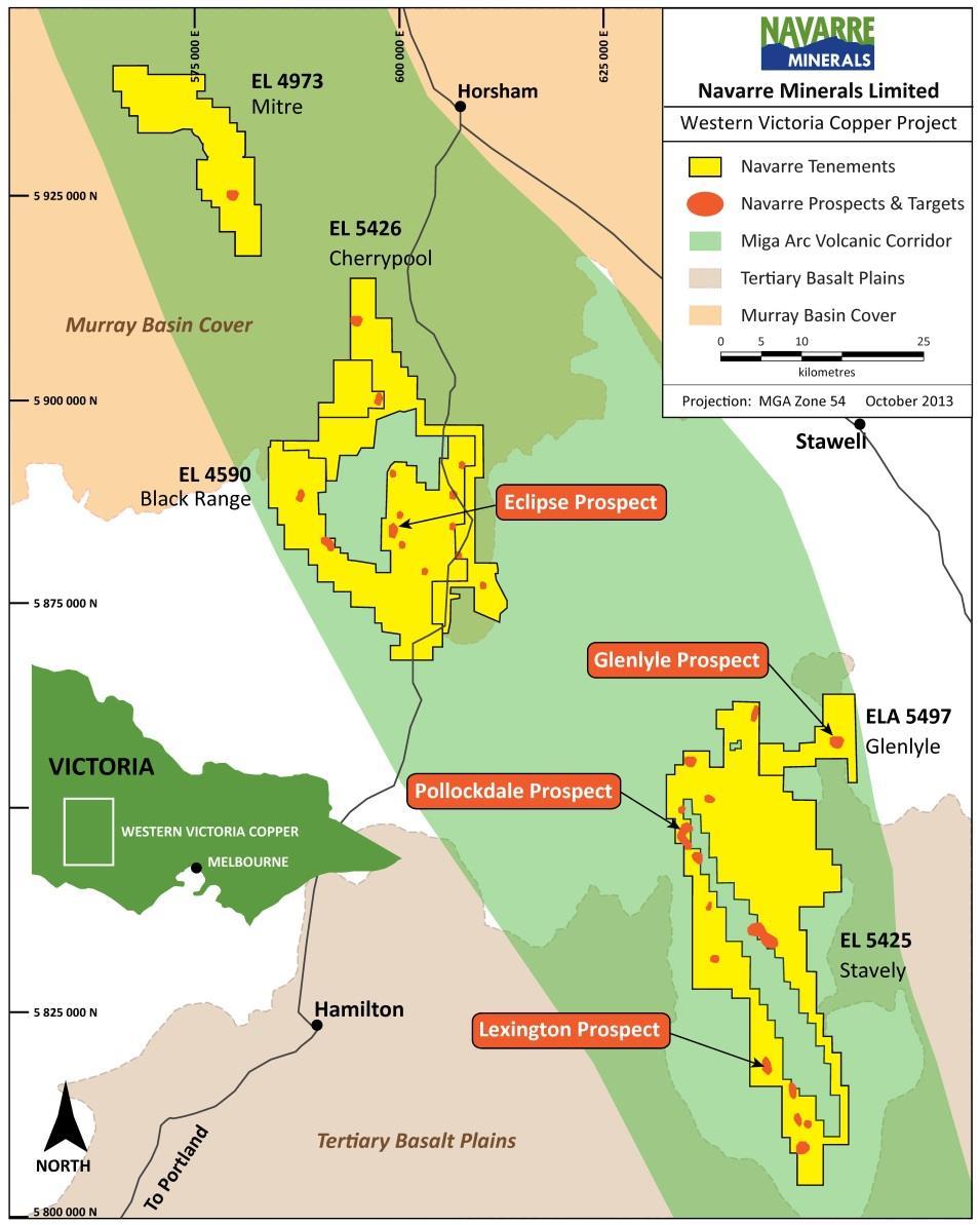 Western Victoria Cu Project Dominant land position - 130kms volcanic belt, 1,270km² tenure* 4 Cu-porphyry prospects drill-confirmed - Eclipse, Lexington, Pollockdale & Glenlyleˠ 50 targets generated