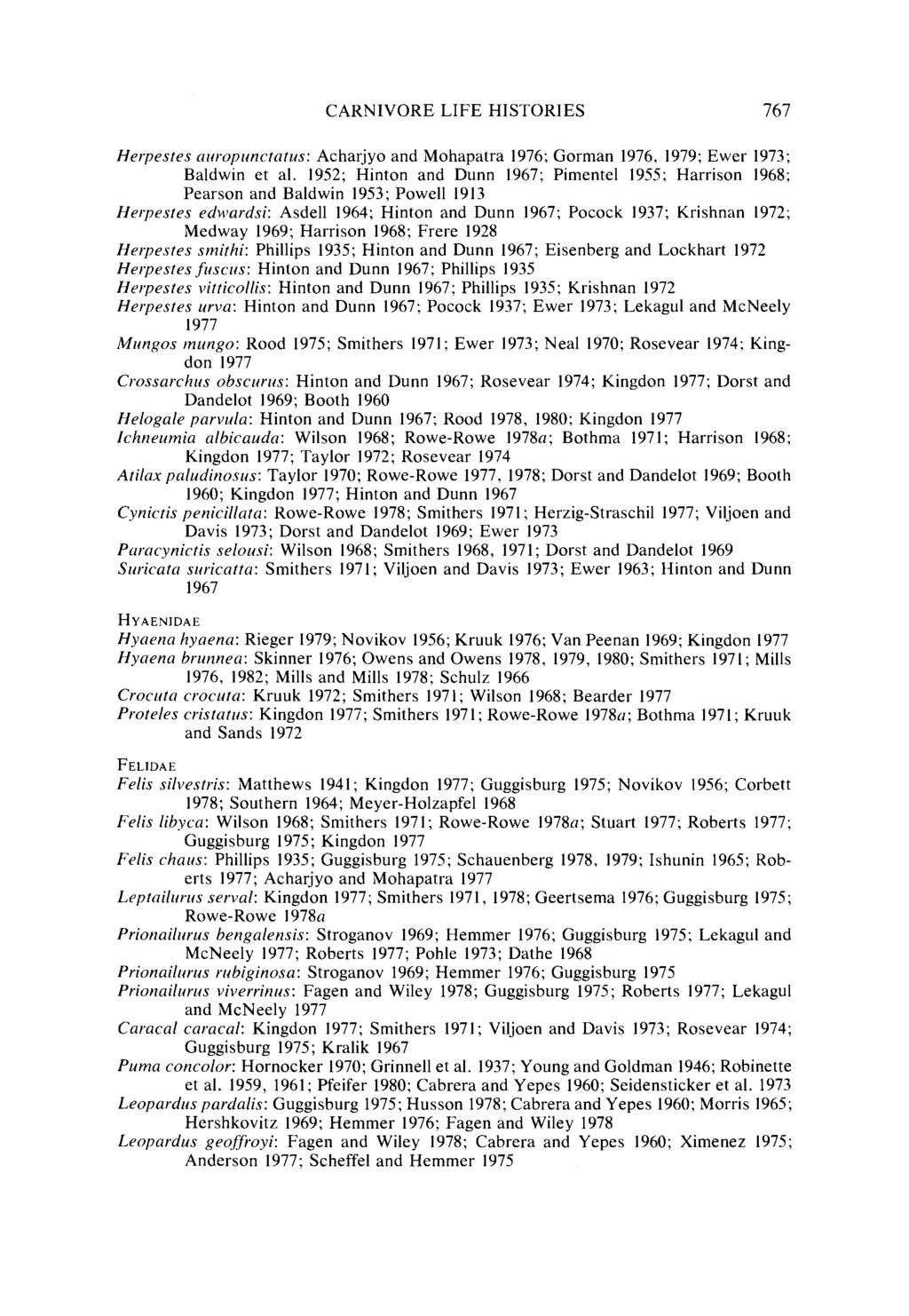 CARNIVORE LIFE HISTORIES Herpestes nzrropzrnctatus: Acharjyo and Mohapatra 1976; Gorman 1976, 1979; Ewer 1973; Baldwin et al.