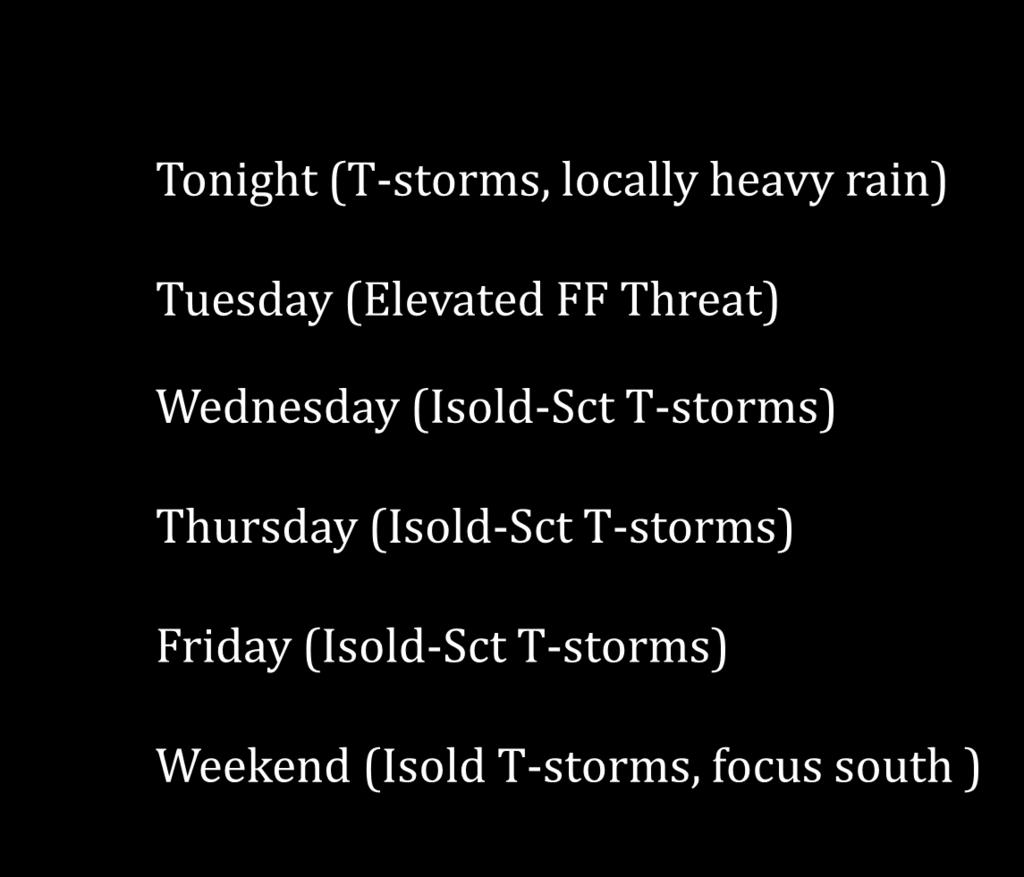 Weekly Weather Briefing Week at Glance Tonight (T-storms, locally heavy rain) None Tuesday (Elevated FF Threat) Wednesday (Isold-Sct T-storms) Thursday (Isold-Sct T-storms) Friday (Isold-Sct