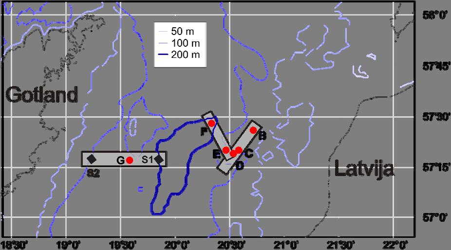 Figure 5: Station map: Studies will be carried out in Latvian waters along depth transects including station B-F which were visited during POS 369 cruise (July/August
