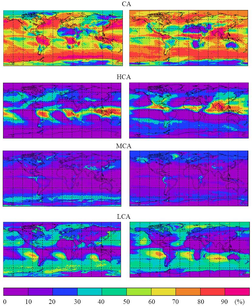 C. J. Stubenrauch et al.: A 6-year global cloud climatology from the AIRS 7205 Figure 6: Geographical maps of total, high, midlevel and low cloud amount from AIRS-LMD, in Fig. January 6.
