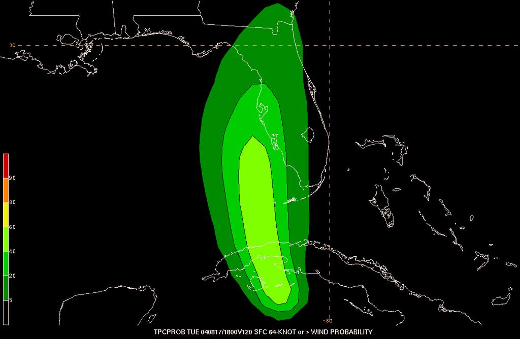 Cumulative (0-120 hr) 64kt Probabilities Note that chances of hurricane conditions at