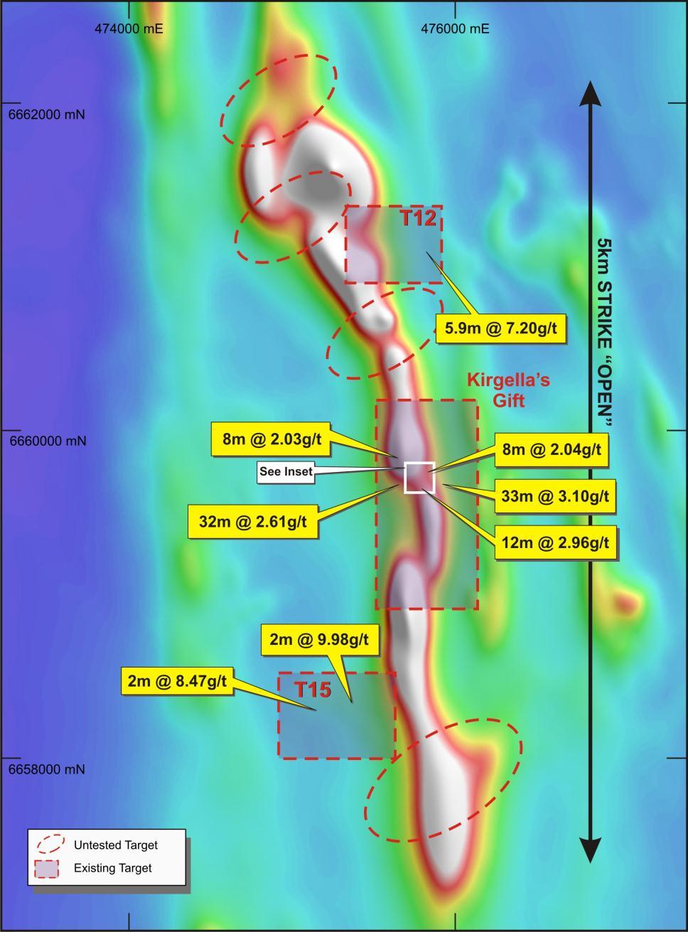 Pinjin Gold Project, Eastern Goldfields First class geophysical dataset (Newmont) Strongly sheared magnetic and sulphidic structure Pronounced geochemical anomaly extends over entire 5 kilometres