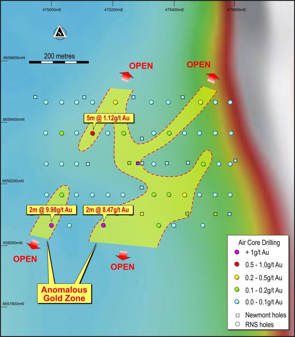 T15: Pinjin - Significant Bedrock Gold Anomaly Air Core drilling identified significant (+100ppb) bedrock gold anomaly beneath Palaeochannel Over 600m in strike and open to north & south