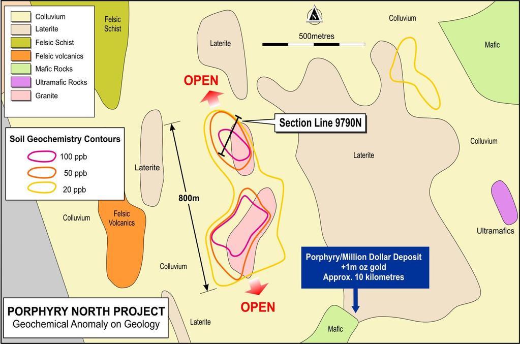 Porphyry North Prospect Similar geological setting to Porphyry Deposit 10km to the South Historical drill results included: 12m @ 6.