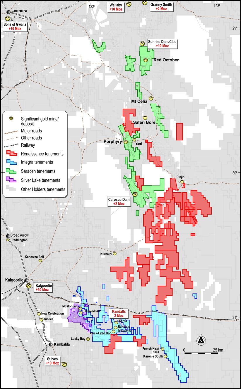 Eastern Goldfields Project Location Centred 120 kilometres north-east of Kalgoorlie Substantial and dominant regional 3,000km 2 tenure, largely 100% owned by Renaissance Largest landholder
