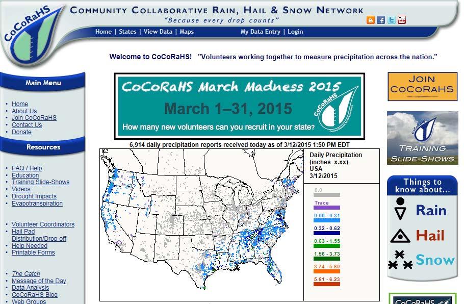 Community Collaborative Rain, Hail & Snow Network Daily precipitation measurements using the official 4 CoCoRaHS rain gauge Severe