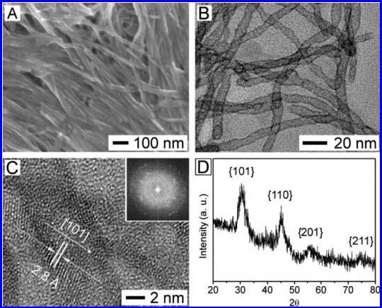 Transformation of CdTe to PbTe nanowires (A) SEM and (B) TEM images of PtTe2 nanotubes derived from CdTe nanowires through a cation-exchange reaction in methanol at room temperature.