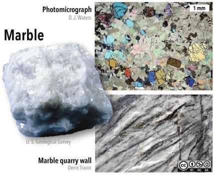 Figure 10.19 Marble is a non-foliated metamorphic rock with a limestone protolith. Leftmarble made of pure calcite is white.