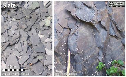 Figure 10.14 Slate, a lowgrade foliated metamorphic rock. Left- Slate fragments resulting from rock cleavage. Right- The same rock type in outcrop. Source: Karla Panchuk (2018) CC BY-SA 4.0. Photos: Left- Vincent Anciaux (2005) CC BY-SA 3.