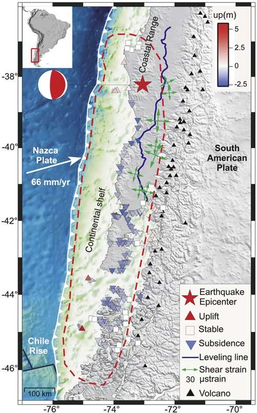 Figure 1. Tectonic setting of the south-central Chile margin. Red dashed line indicates approximately the rupture zone of the 1960 Chile earthquake.