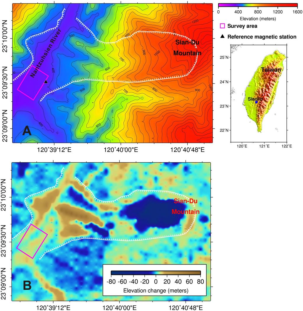 760 W.-B. Doo et al.: Magnetic signature of Siaolin Village after burial by a landslide Fig. 1. (a) The topography and (b) its changes due to the landslide event in the Siaolin area.