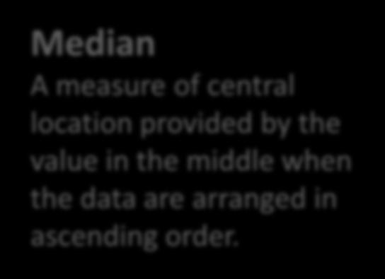 m = x = μ = p = x i N x i n x i = TRUE n Median A measure of central location provided by