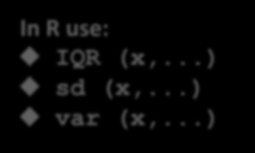 In R use: IQR (x,...) sd (x,...) var (x,.