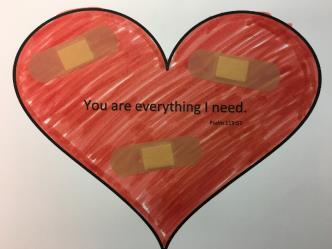 CRAFT WEEK 1 Heal the Heart What You Need: Heart Activity Page, 3 Band-Aids, red crayons and/or markers Hold up a heart and remind the children of our memory verse for this month, You are everything