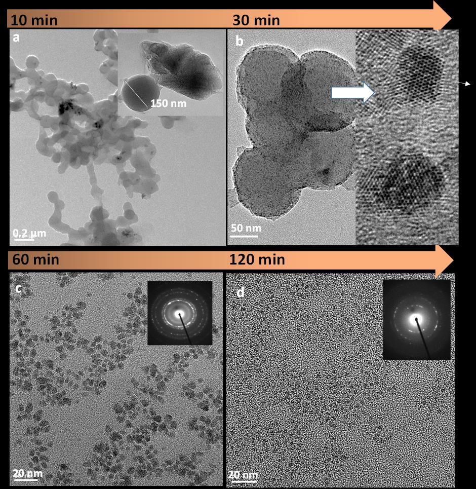 Figure S4. Supercritical water cutting of anthracite coal into GQDs as a function of time: TEM images after (a) 10 min, (b) 30 min, (c) 60 min, and (d) 120 min.
