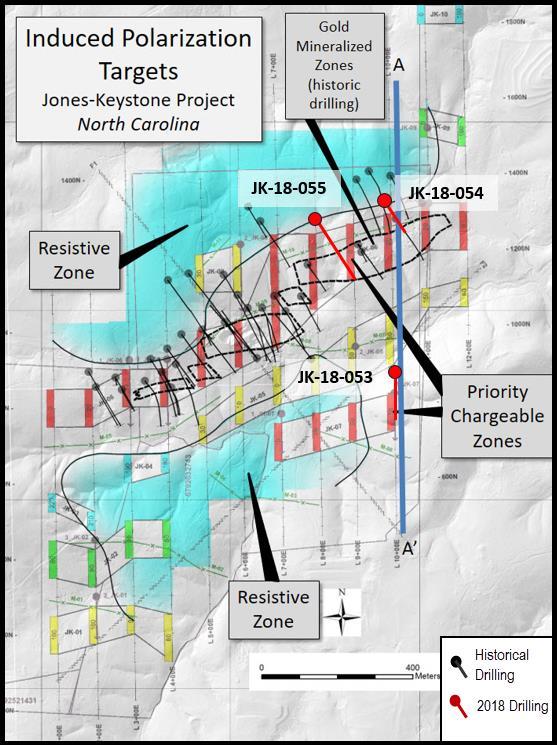 Carolina Gold Properties At the Jones-Keystone property in North Carolina, drilling of strong chargeability anomalies (Figure 1) that not only coincide with historically drilled mineralization, but