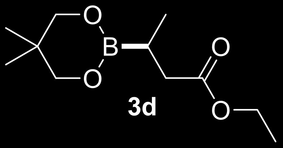 ethyl 3-(5,5-dimethyl-1,3,2-dioxaborinan-2-yl)butanoate Following procedure C to give 3d (60.4mg, 60%) as a colorless liquid. 1 H NMR (400 MHz, CDCl3) δ 4.11 (q, J = 7.1 Hz, 1H), 3.59 (s, 4H), 2.