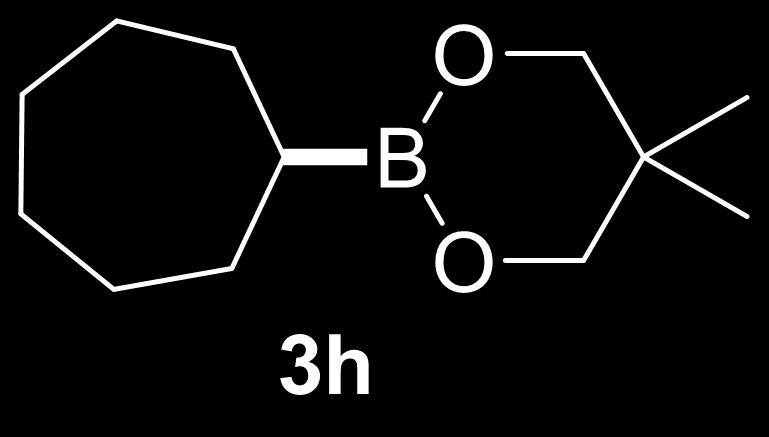 2-cycloheptyl-5,5-dimethyl-1,3,2-dioxaborinane Following procedure C to give 3h (69mg, 66%) as a colorless liquid. 1 H NMR (400 MHz, CDCl3) δ 3.59 (s, 4H), 1.92 1.29 (m, 13H), 0.