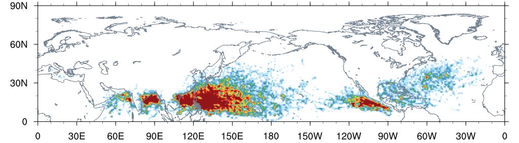 Tropical Cyclone Density IBTrACS 10-yr Climatology MPAS