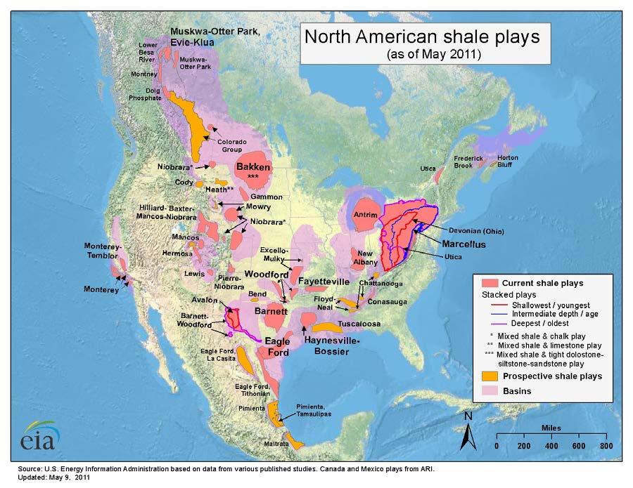 Figure 1. Location map showing current and prospective shale gas and oil plays in North America.