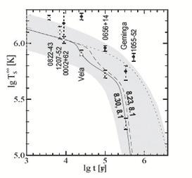 Figure 4: Cooling curves for neutron star, for detailed description, please refer to text. Fig from [19].