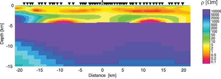 a) b) Figure 1: Electrical resistivity model obtained from inversion of the magnetotelluric data using a priori information from the seismic velocity model for the deeper part of the model (> 5 km)