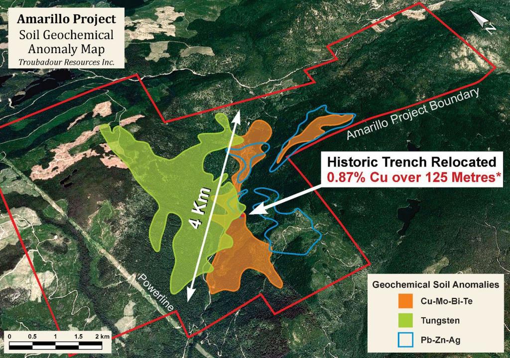Amarillo Project - Highlights AMARILLO PROJECT Potential for a near-surface, high-grade copper discovery. Historic trench sampling returned 0.87% copper over 125m*.