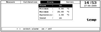 14. ALARM, RELAYS In every measuring function it is possible to set an alarm for two values minimal and maximal. Menu Alarm is on parameters window in al. functions.