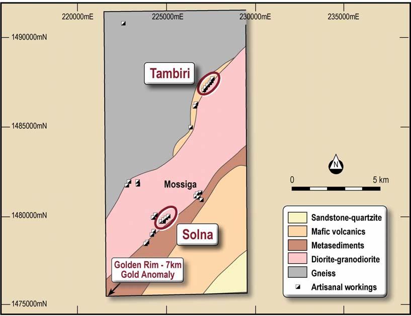 In April May and November 2011, PDI completed two reconnaissance RC drilling programs at Solna and Tambiri which generated highly encouraging drill results. These included 2m at 56 g/t Au, 7m at 12.
