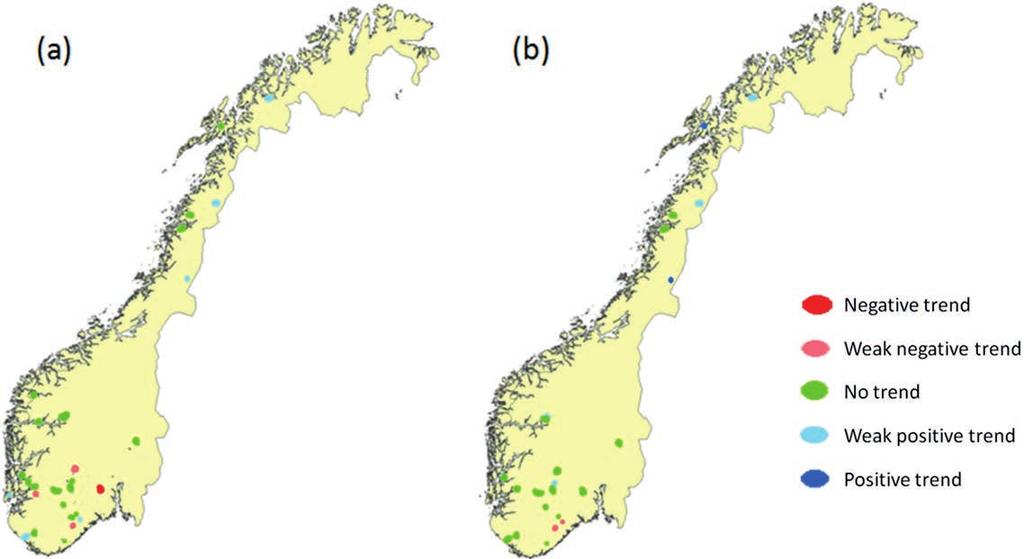 Trends in floods in small Norwegian catchments instantaneous vs daily peaks 45 Fig. 1 Trends in: (a) daily annual maxima, and (b) instantaneous annual maxima for the period 1980 2011. Fig. 2 Trends in: (a) daily POT, and (b) Instantaneous POT for the period 1980 2011.