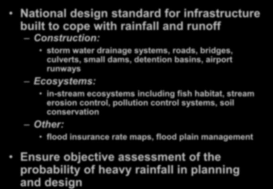 Ensure objective assessment of the probability of heavy rainfall in planning and design NOAA Atlas 14: Precipitation Frequency Atlas of the United States National design standard for infrastructure