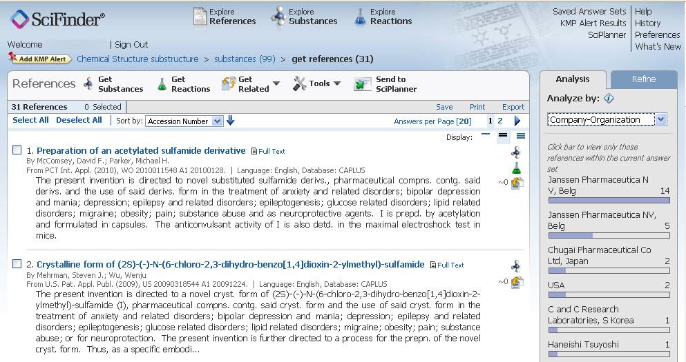SciFinder retrieves 31 journal and patent references that disclose one or more of