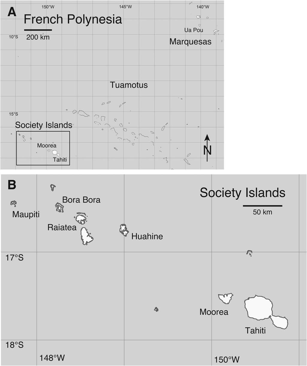 398 SYSTEMATIC BOTANY [Volume 43 Fig. 1. Map of the study area. A. French Polynesia, showing the locations of Moorea (Society Islands) and Ua Pou (Marquesas Islands).