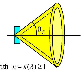 asymmetric polarisation of medium - emission of Cherenkov light Opening angle of emission cone: ( c n) t cos( θ c ) =