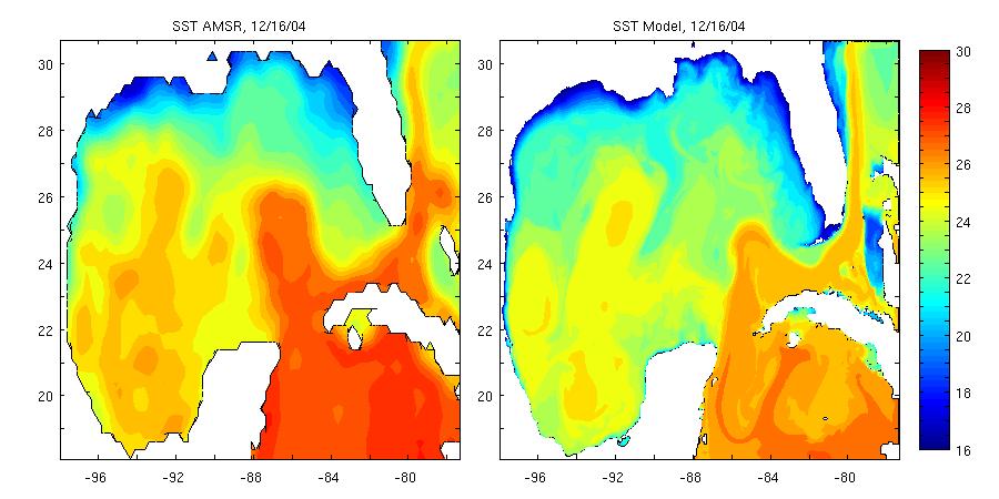Validation : Sea Surface Temperature (SST) Reynolds Model Figure 13: Dec 16, 2004 SST (deg C) 30 22 16 End of the simulation : divergence in the extension of the LC realistic cold waters along the