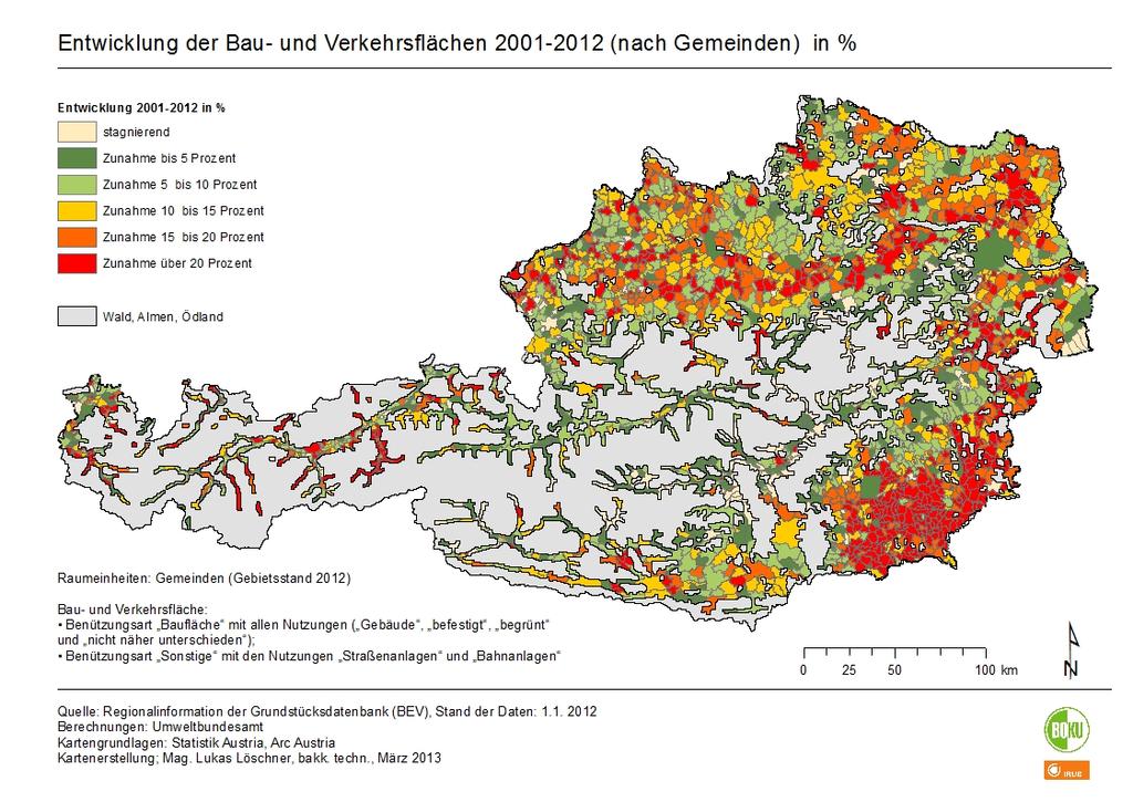 Increase of Settlement and TI Areas 2001-2012 Increase of areas used for settlement and traffic
