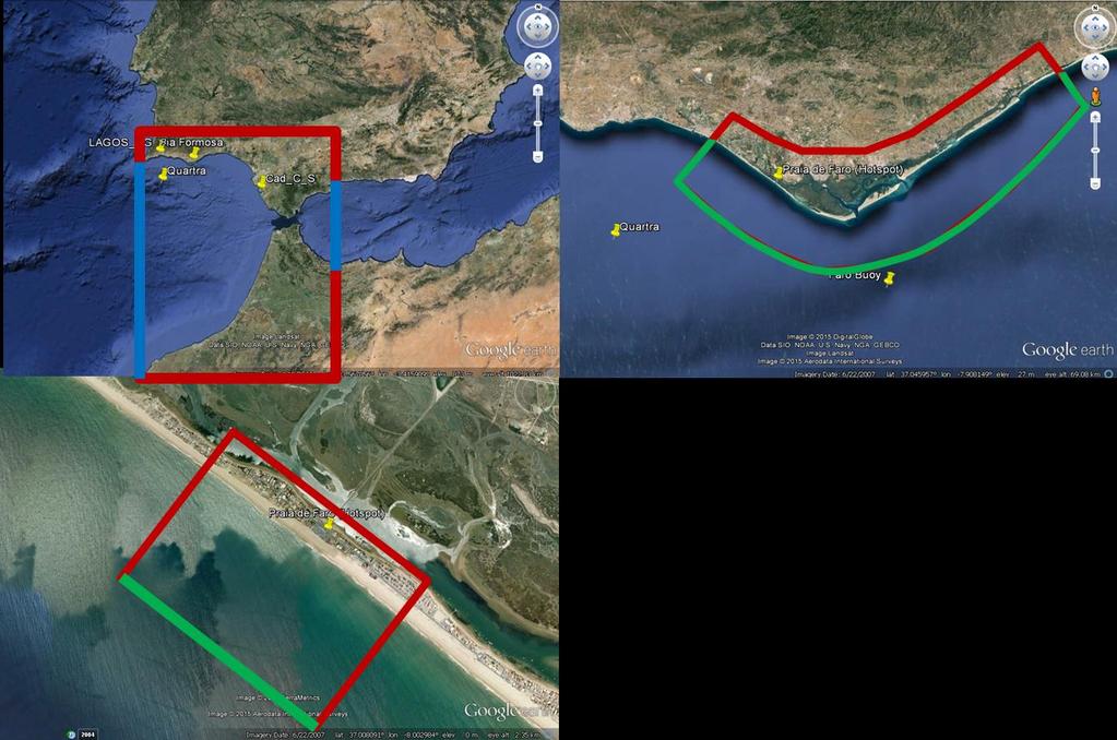 Figure 4-2 Locations of the different scale models. Top left: Gulf of Cadiz, Delft3D & SWAN. Top right: Ria Formosa, Delft3d & SWAN. Bottom left: Praia de Faro, XBeach. 4.2 GENERAL MODEL APPROACH The general concept has been touched upon in previous chapters.