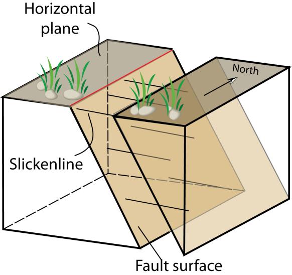 Figure 6. Oblique slip fault. A row of stones and grass is displaced by a fault with a north strike (red line lying in horizontal plane) and an ~60 eastward dip. Note that the displacement (i.e., the slip direction) across the fault is neither parallel to the dip direction nor to the strike direction.