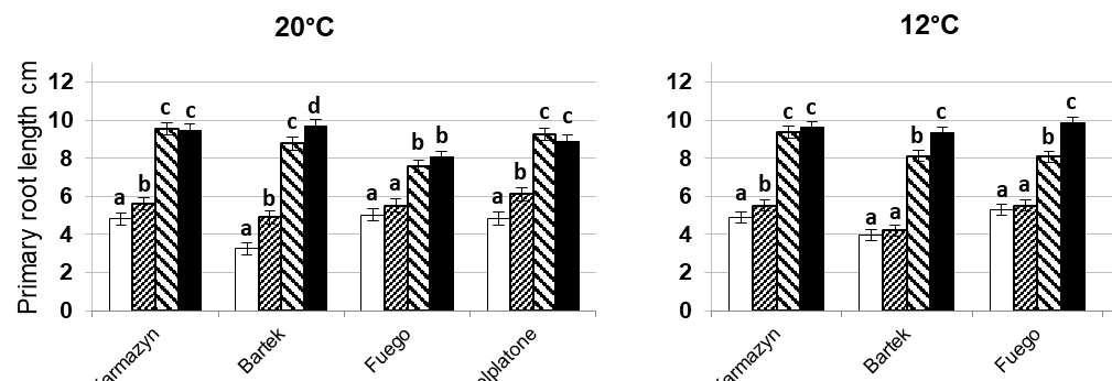 promoting effect, compared with control. Mycorrhiza a stronger promoting effect on the early growth of primary roots under the temperature treatment of 20 p < 0.